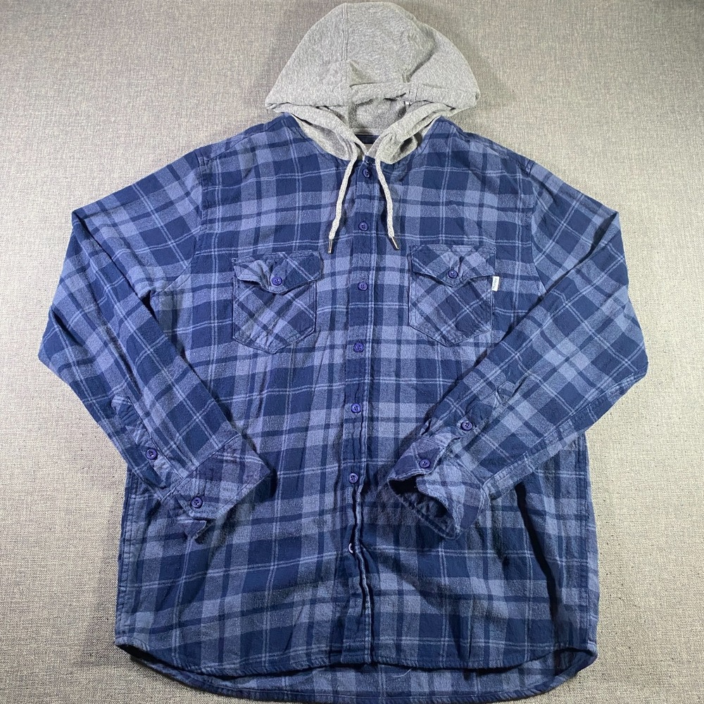 Quiksilver Shaket Mens Large Blue Tartan Plaid Lightweight Flannel Shirt Hooded
